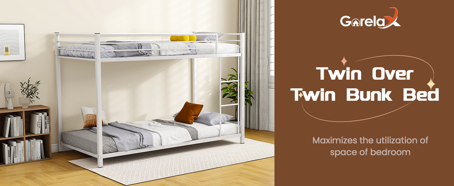 Low Profile Twin Over Twin Metal Bunk Bed with Full-length Guardrails